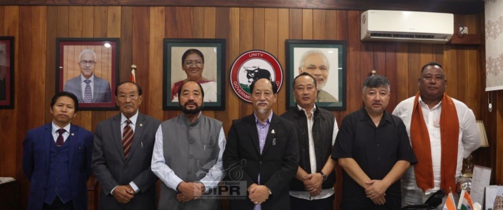 Chief Minister Dr Neiphiu Rio; Y. Patton, Deputy CM and BJP Legislature Party leader; Benjamin Yepthomi, BJP Nagaland president; Abu Metha, NDPP secretary general; Rusemtong Longkumer, NDPP senior vice president; Achumbemo Kikon, NPF secretary general and MLA; and Apong Pongener, NPF president, at the PDA meeting in Kohima. (DIPR Photo)